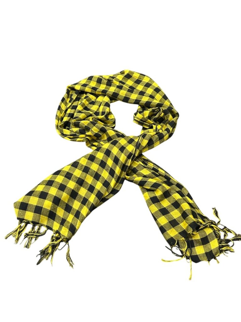 Checkered Scarf 67"x18.5" Yellow Black Plaid Fringe Edges Academia Grungecore